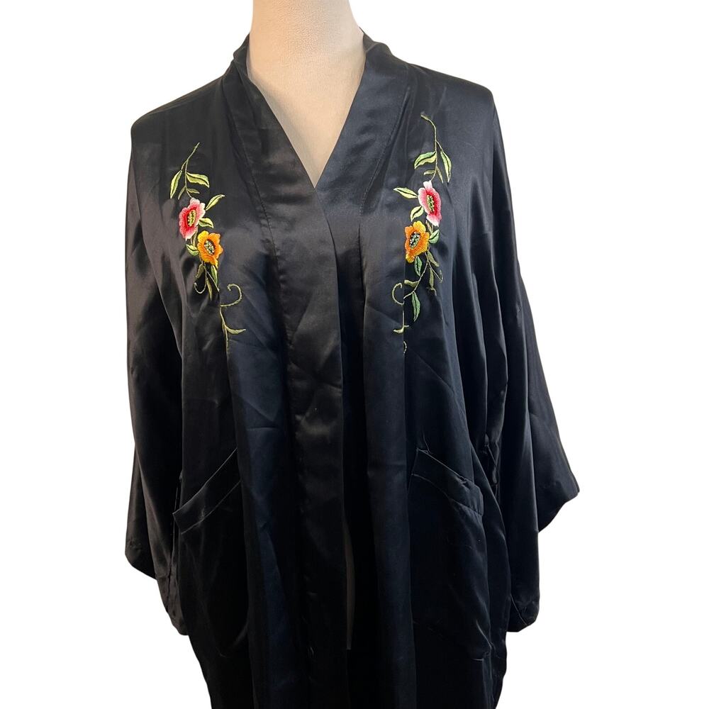 Vintage Silk Peacock Embroidered Kimono Duster Robe Black Floral Boho OS
